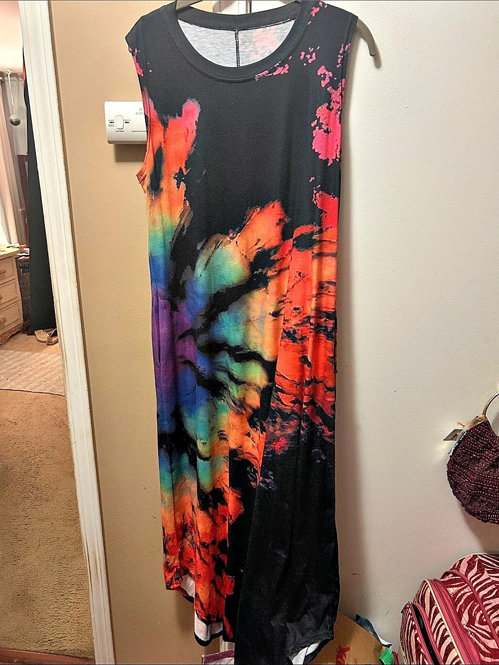 Rainbow tie died Print Maxi Dress in Black & Orange Like New